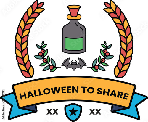 A black and white Halloween to Share logo with a bottle of alcohol and a bat