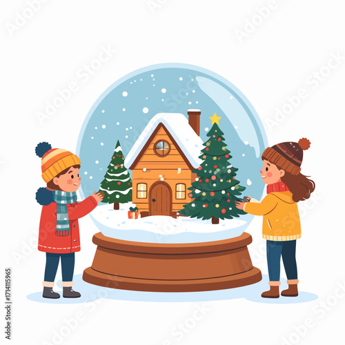 Children Admire Festive Snow Globe Christmas Scene