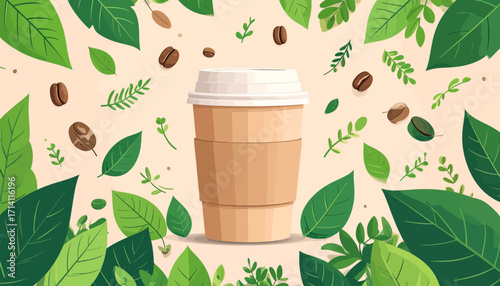 Sustainable Coffee Cup Design With Fresh Green Leaves And Beans