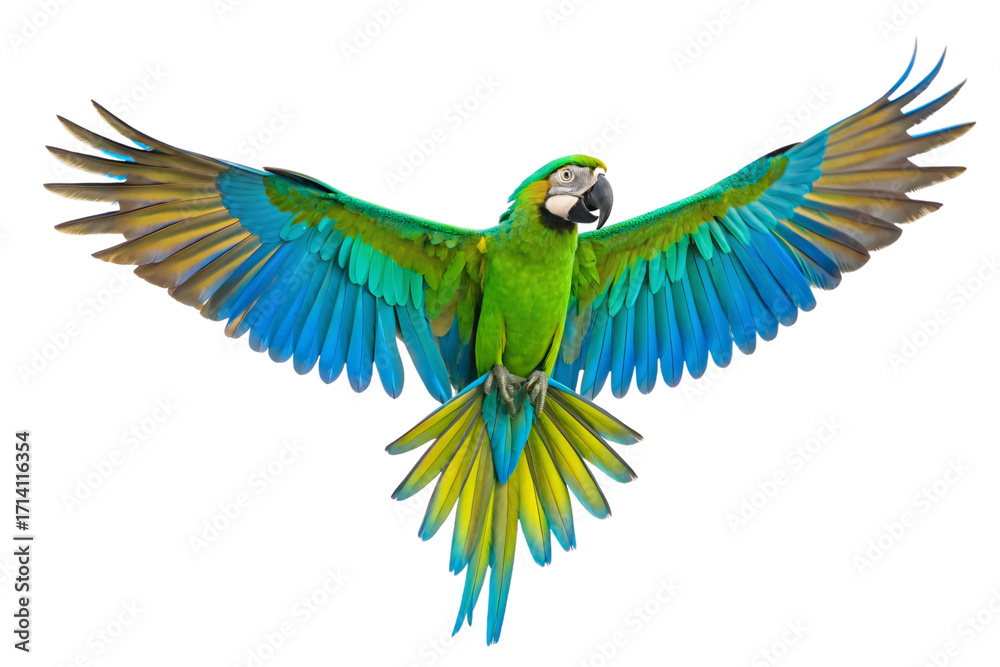 Fototapeta premium Magnificent blue and green macaw parrot flying with wings fully spread showing vibrant colorful feather patterns dramatically, isolated on a transparent background