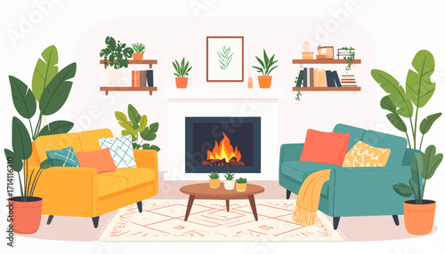 Cozy living room with fireplace and plants