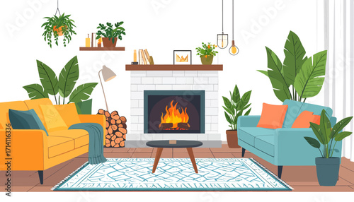 Cozy Living Room With Fireplace And Plants