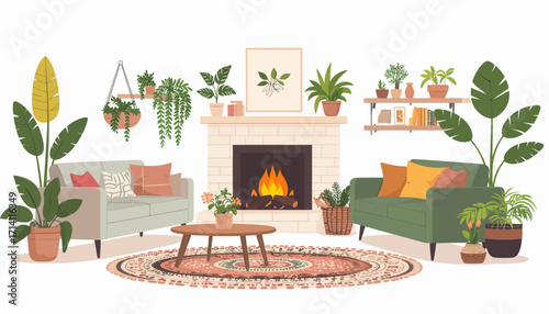 Cozy Living Room with Fireplace and Abundant Houseplants