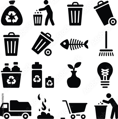 Recycling and waste management icons set for environmental protection and sustainability design elements