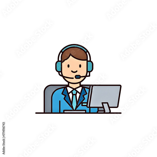 Vector Illustration of Call Center Customer Service Representative with Headset and Computer in Office