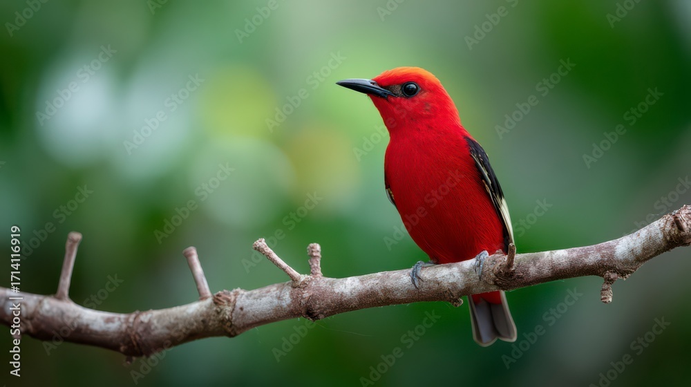 Obraz premium Scarlet Elegance: A vibrant scarlet tanager perched delicately on a branch, its vivid plumage contrasting against the soft, natural background. An embodiment of nature's artistic flair