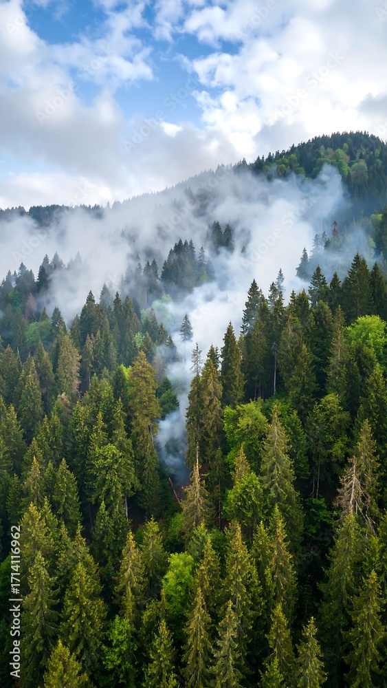 Obraz premium Verdant mountainside shrouded in mist