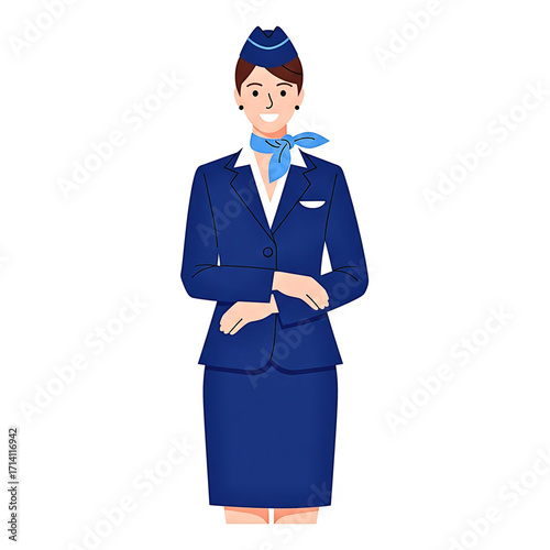 Vector Illustration of Flight Attendant in Blue Uniform with Scarf, Professional Airline Cabin Crew Character