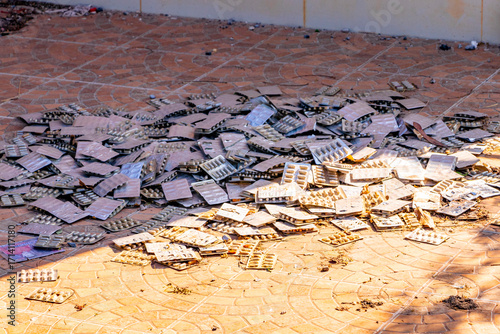 Medication waste many pills on the floor in Khon Kaen Thailand.