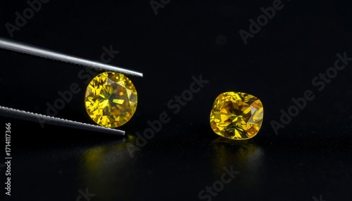 Two bright yellow gemstones held by tweezers
