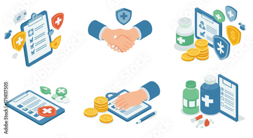 Healthcare and insurance concept: documents, medicine, and financial security in isometric design