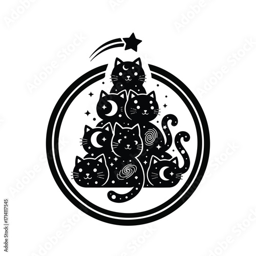 Black cats forming a Christmas tree with stars and galaxies.