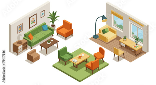 Cozy isometric living room interiors with modern furniture and vibrant colors