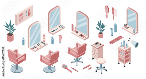 Elegant isometric beauty salon interior with styling tools and equipment