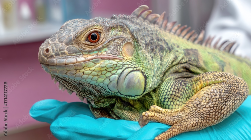 Fototapeta premium Exotic green iguana getting a medical checkup at a veterinary clinic.