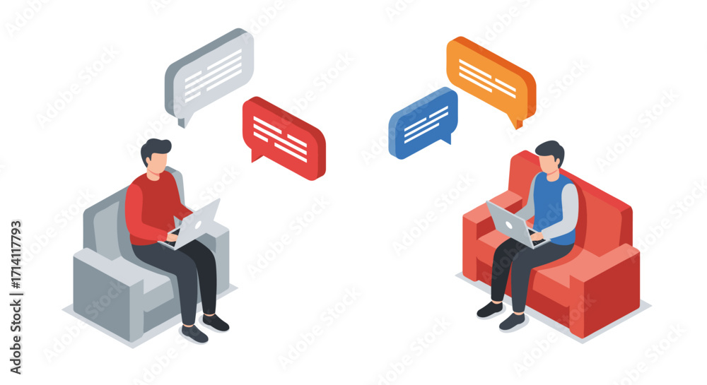Obraz premium Isometric remote work communication with laptops and chat bubbles