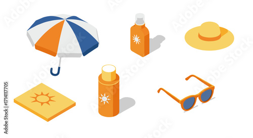 Beach essentials: isometric sun protection accessories and summer gear