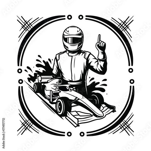 A black and white illustration of a race car driver in a helmet and racing suit, holding up one finger, with a race car beside them, all within a decorative circular frame.