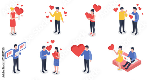 Isometric couples expressing love through gestures and digital communication