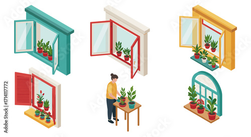 Isometric window scenes with indoor plants and gardening table setup
