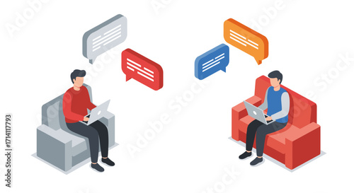 Isometric remote work communication with laptops and chat bubbles