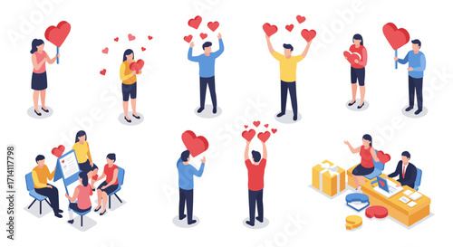 Isometric team celebrating love with hearts and gift exchange