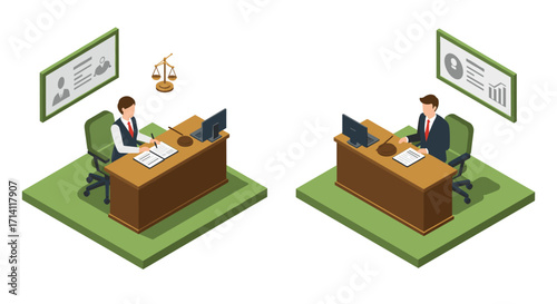 Isometric office scene with businessman and lawyer at desks