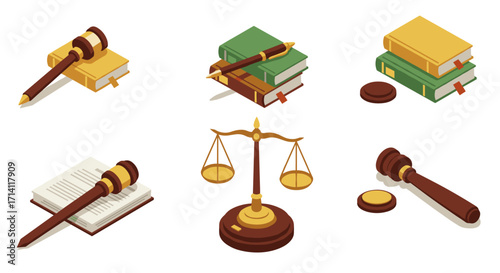 Isometric legal icons: gavel, books, scales of justice