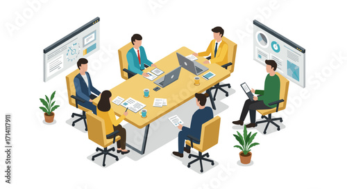 Business team meeting in modern office with collaborative workspace