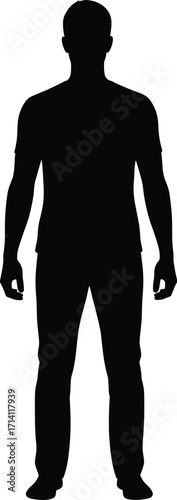 Black silhouette of standing human figure, upright neutral pose, anatomical reference icon, blank body template, design and study illustration