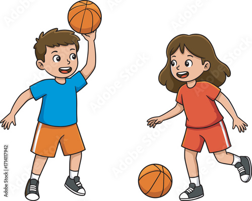 Happy children playing basketball game together, active kids in sportswear, healthy outdoor activity, teamwork, fun competition, physical exercise, smiling faces, ball game