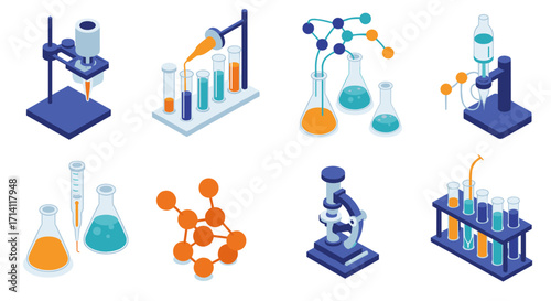 Isometric lab equipment icons with modern science elements and colorful chemistry design