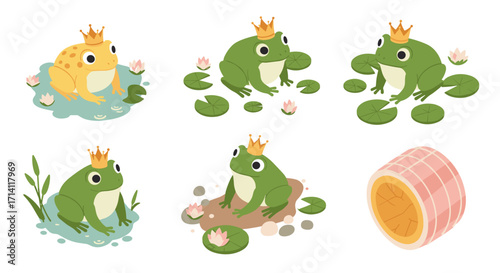Cartoon frog prince set on lily pads and pond with a log
