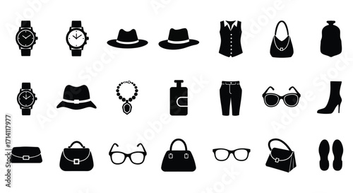 Collection of fashion accessories and clothing items in black silhouette style