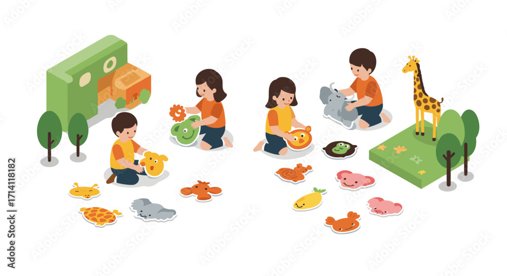 Fototapeta premium Children playing with animal jigsaw puzzles in isometric style