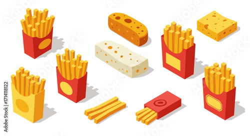 Isometric fast food french fries and cheese selection on white background