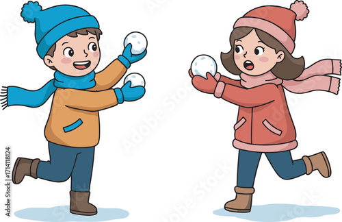 Happy children playing snowball fight in winter season, kids wearing warm clothes, fun outdoor activity, smiling faces, cold weather, snowy background