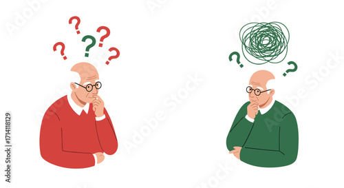Confused elderly men with thought bubbles and question marks in flat style