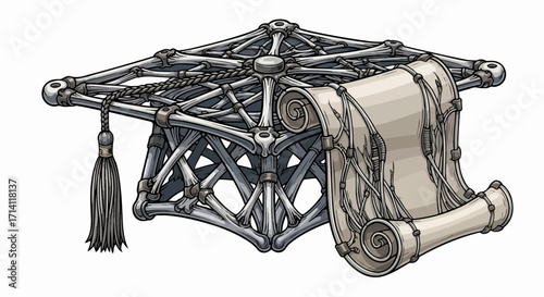 Ornate pedestal with ancient scroll, detailed construction shows elaborate metal framework. Ornate pedestal design includes a tassel and rolled parchment paper, evoking scholarly pursuits.