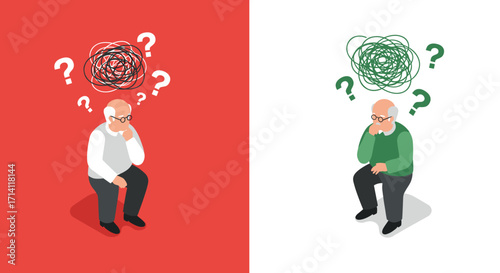 Elderly man questioning thoughts in isometric art with problem-solving concept
