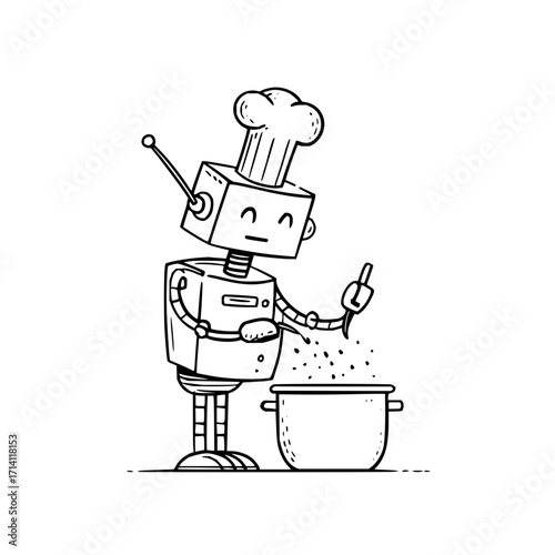 Chef robot cooking food in pot kitchen culinary illustration ai generated image digital art black and white line art