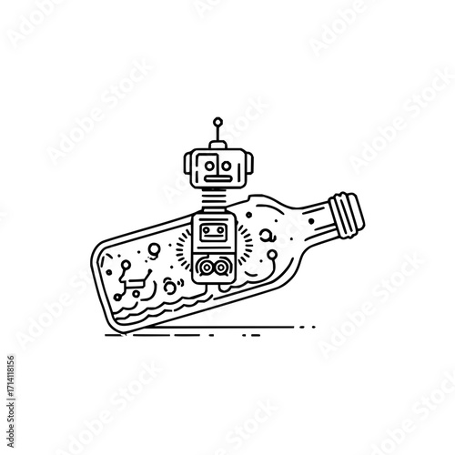 Robot in bottle outline vector illustration future technology message in a bottle ai concept art design