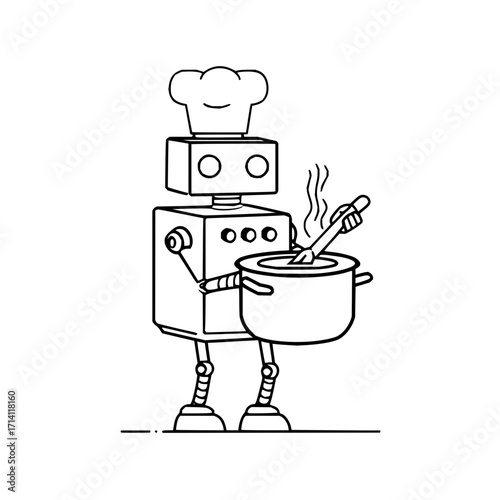 Robot chef cooking food ai kitchen automation culinary kitchenware pot stirring technology outline