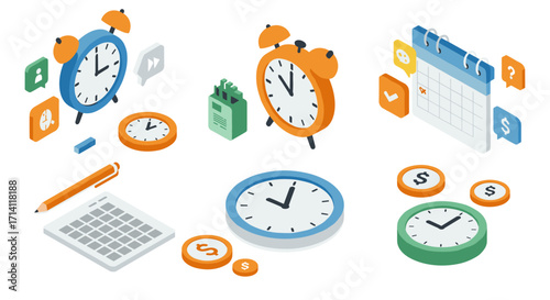 Isometric time management tools with clocks, calendars, and notifications