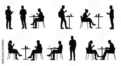 Silhouettes of people sitting standing and working in a public space