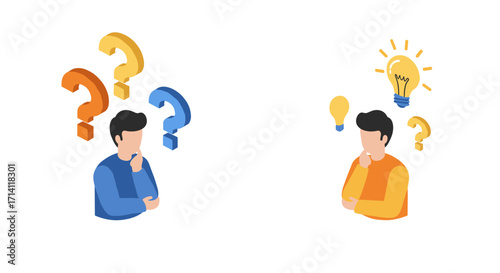 Decision making concept with question marks and light bulbs in isometric design