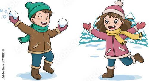 Happy children playing snowball fight in winter season, kids wearing warm clothes, fun outdoor activity, smiling faces, cold weather, snowy background