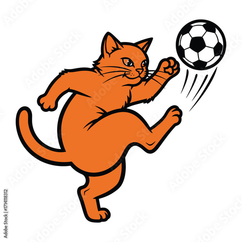 Playful Cat Soccer: A cheerful cartoon cat kicks a soccer ball, demonstrating athleticism and sport. The illustration highlights agility, humor, and the enjoyment of athletic activity.