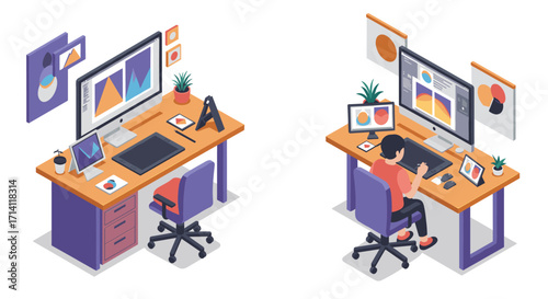 Creative workspace with designer using graphics tablet and dual monitors in isometric style