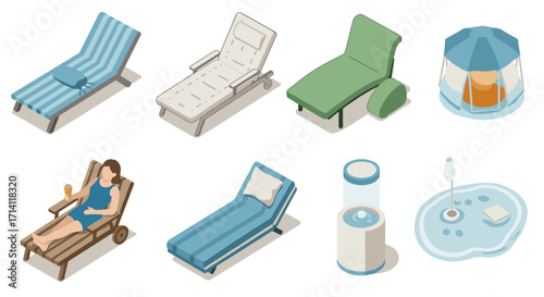 Modern outdoor loungers and poolside essentials in isometric style